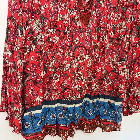 Vintage America Blues Floral Boho Red Flow Blouse Large Bell Sleeve Prairie - Picture 3 of 7